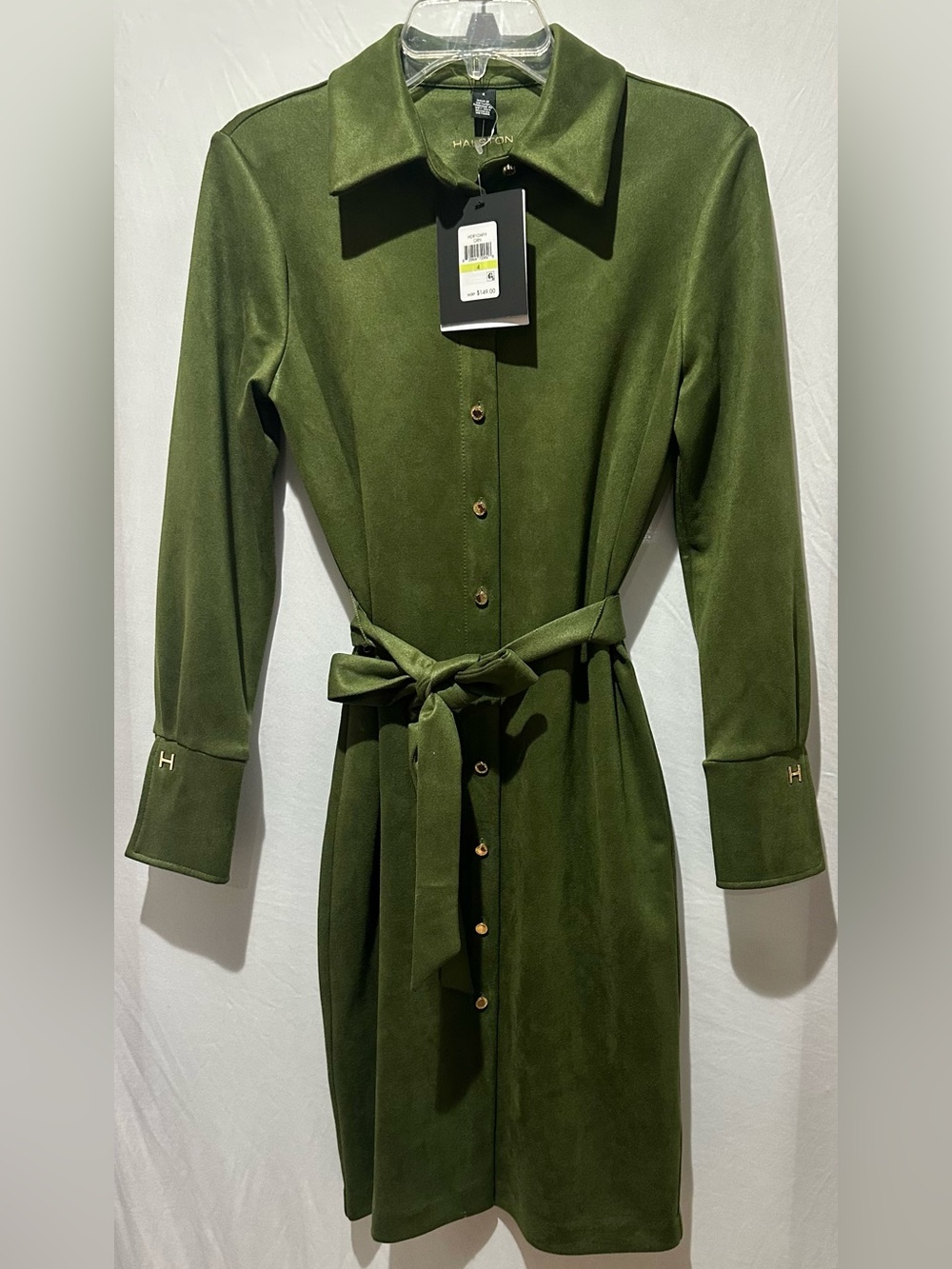 Halston Women’s Olive Green Suede Shirt Dress Collared Button Belted - Size 4